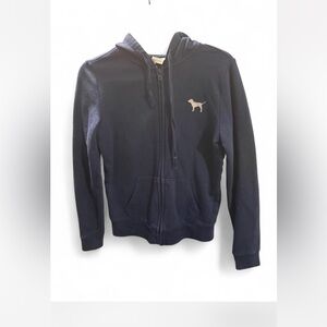 Victoria Secret PINK navy blue full zip hoodie with glitter dog logo in front XS